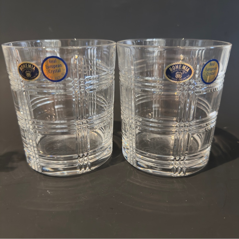 2 Crystal Bohemia Glen Plaid Triple Old Fashioned Crystal Whiskey Glasses New 2